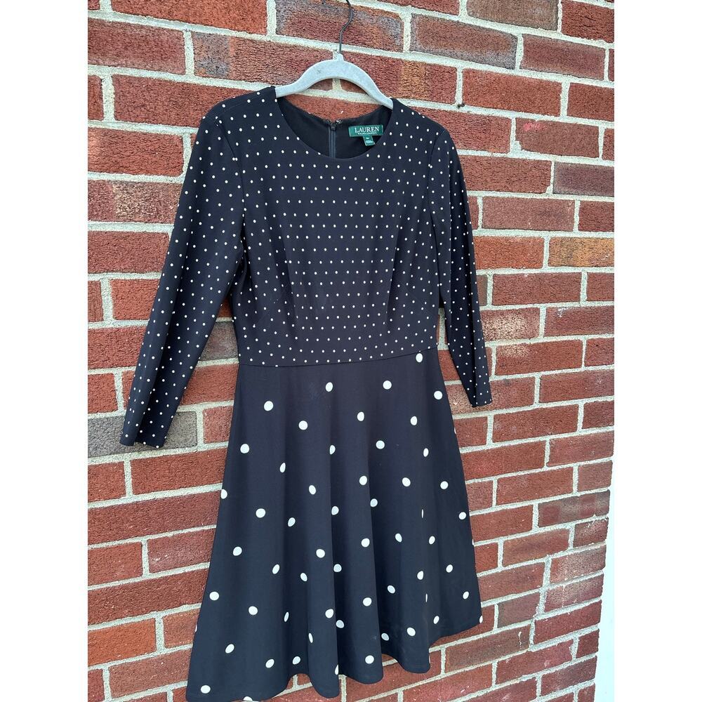 Lauren Ralph Lauren Polka Dot Fit & Flare Dress Navy black White Size 6P - Picture 2 of 7